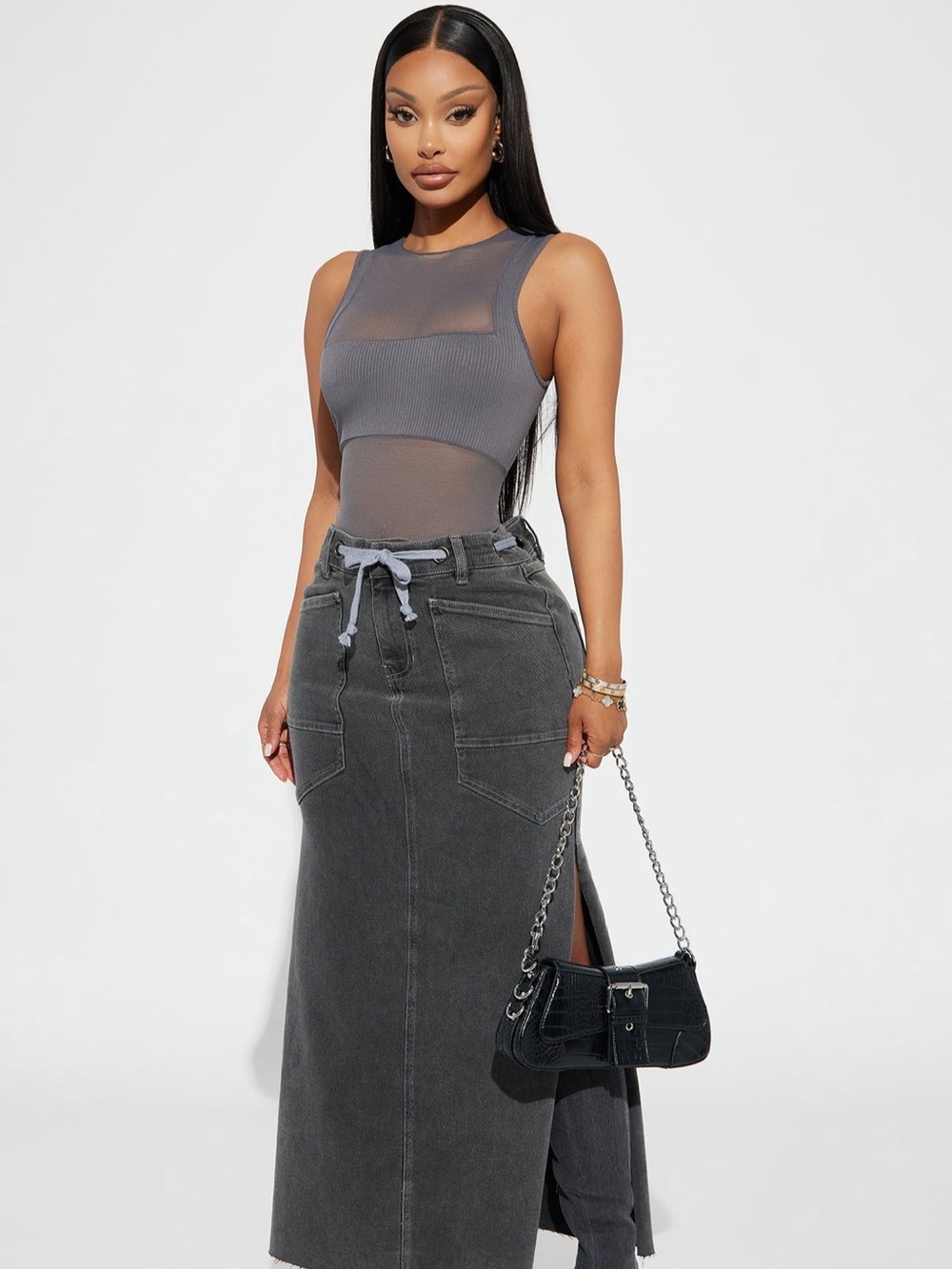 Fashion Nova Gray Sheer Ribbed Tank Bodysuit - Picture 2 of 7